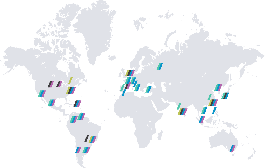 Image of world map highlighting Colorcon Ventures global manufacturing and distribution facilities