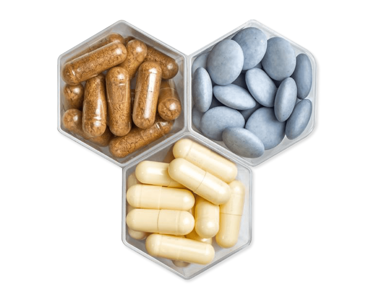 Groups of two different types of capsules and one type of coated pill sorted into three hexagonal containers