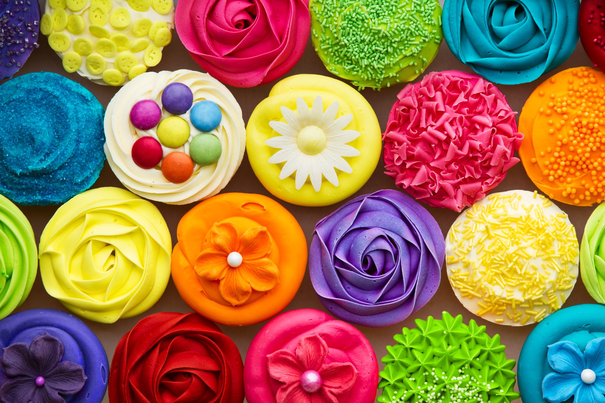 Array of colorful cupcakes