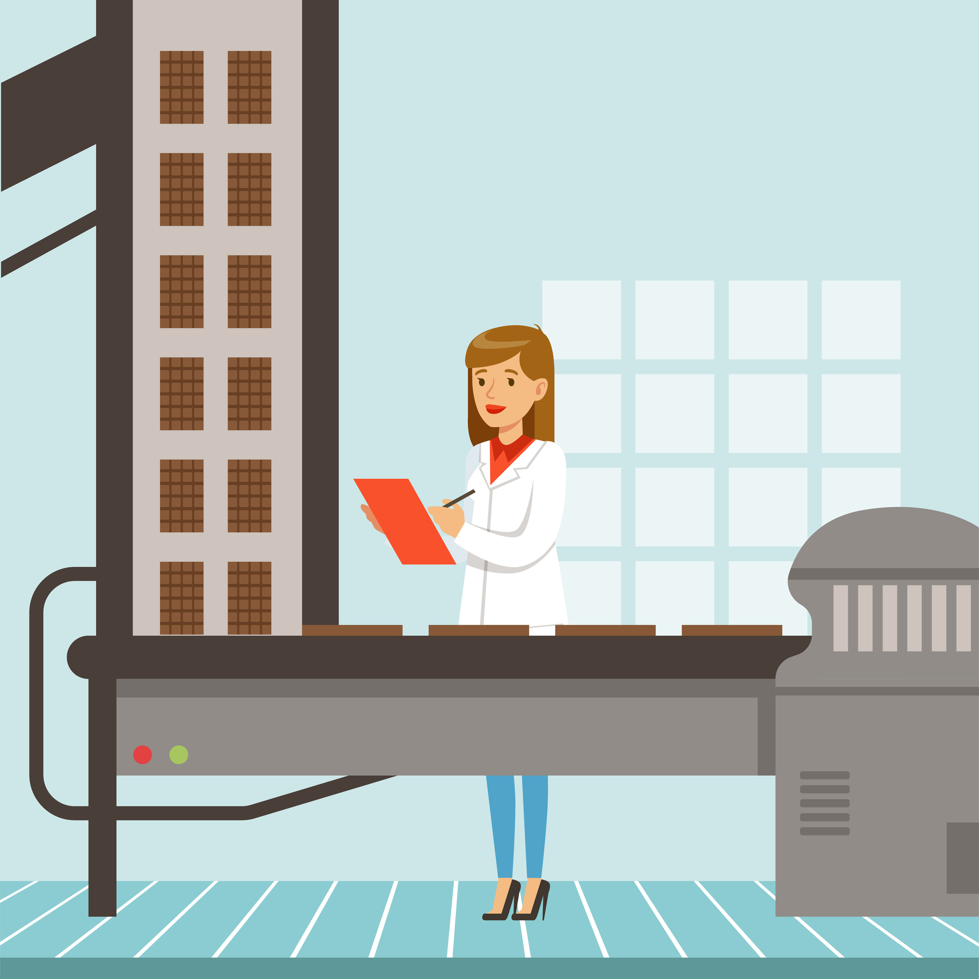  hocolate factory production line, female controller holding clipboard and controlling the production process chocolate bars vector Illustration, web design